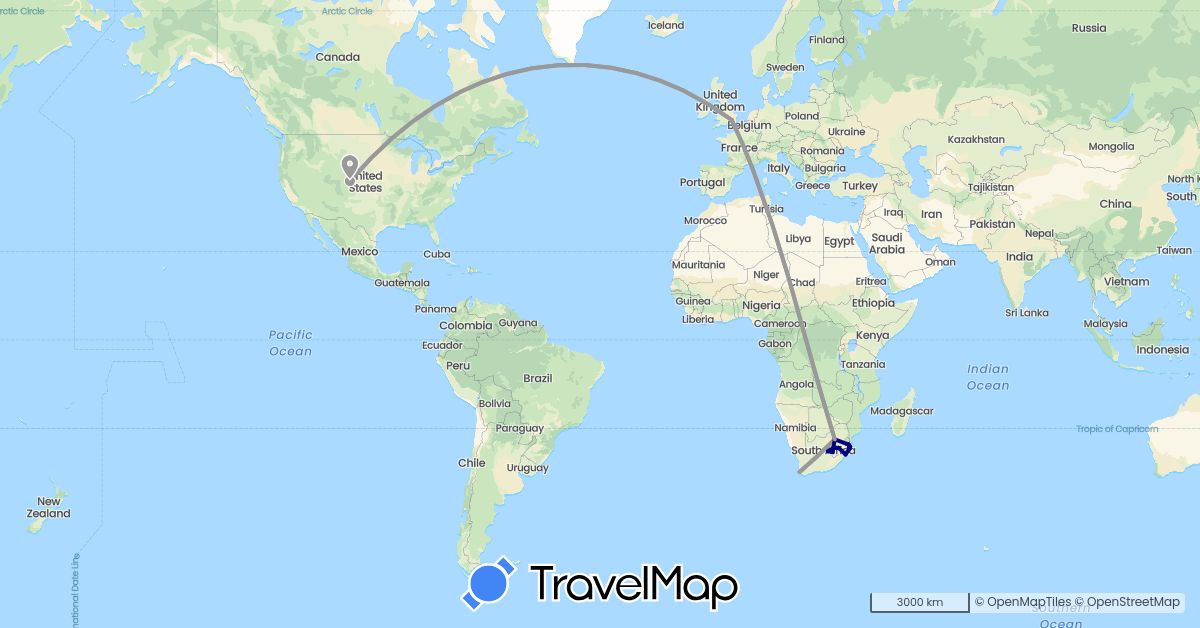 TravelMap itinerary: driving, plane in United Kingdom, Lesotho, United States, South Africa (Africa, Europe, North America)
